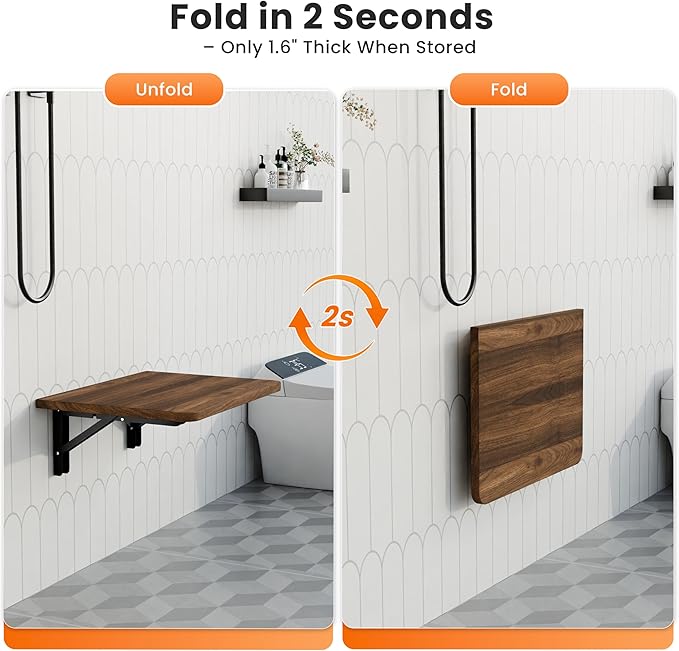 Foldable Walnut Floating Wall Shelves 16 inch, Bathroom Shelves Wall Mounted,12" Deep Wood Floating Kitchen shelves,Easy to I