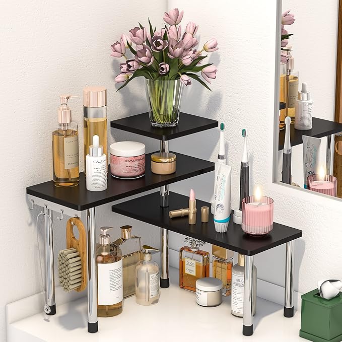 ZHWS Bathroom Counter Organizer Corner Shelf – Bathroom Organization Bamboo 3 Tier Spice Rack Makeup Organizer Bookshelf Spac