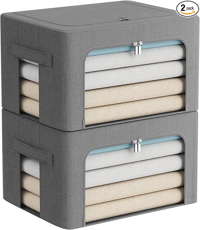 FHSQX 2 Pack Clear Window Storage Bins Foldable Fabric Storage Bins Boxes for Clothes Stackable Box Organizer Set with Carryi