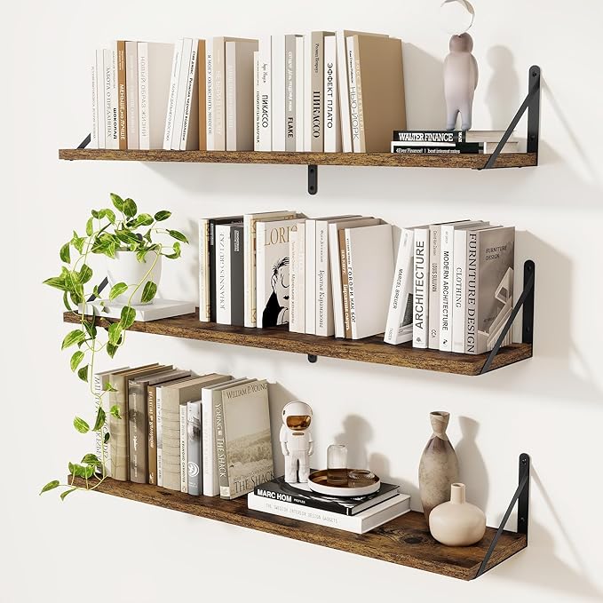 Floating Shelves, Wall Book Shelf with Brackets, 36 inch Wall Shelves Set of 3, Particle Board Wooden Shelf for Kitchen, Bath