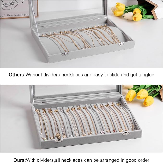 Frebeauty 15 Hooks Necklace Tray,Neckalce Organizer with Clear Lid,Velvet Necklace Holder Box,Jewelry Organizer for Pendants 