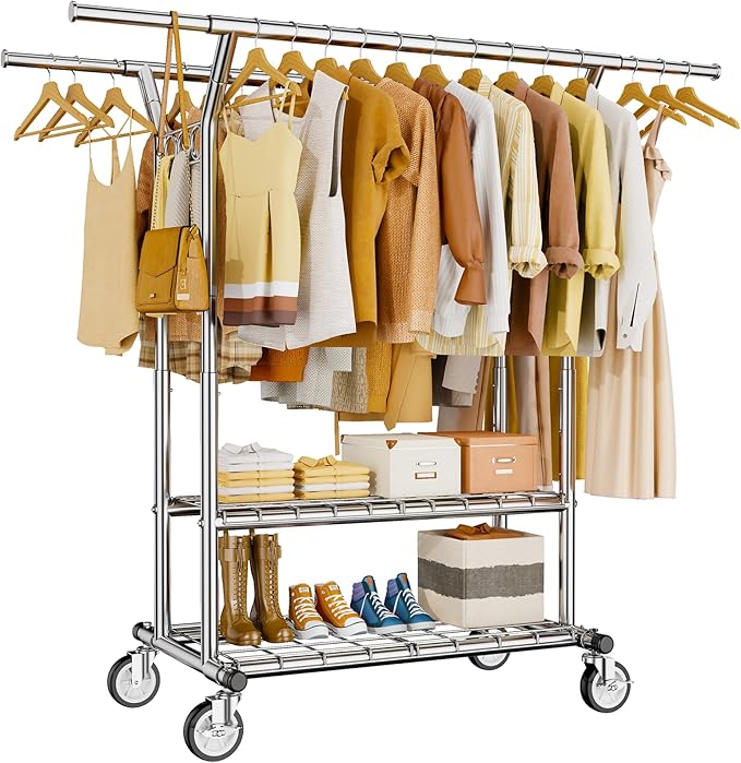 HYSEYY Heavy Duty Clothes Rack, Rolling Clothing Rack With Shelves Load 620 LBS, Double Rod Clothing Racks for Hanging Clothe