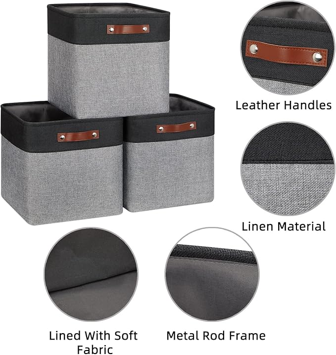 HNZIGE Storage Foldable Baskets Cubes Set(3 Pack) Fabric Bins for Shelves,13 Inch Storage Basket for Organizing with Leather 