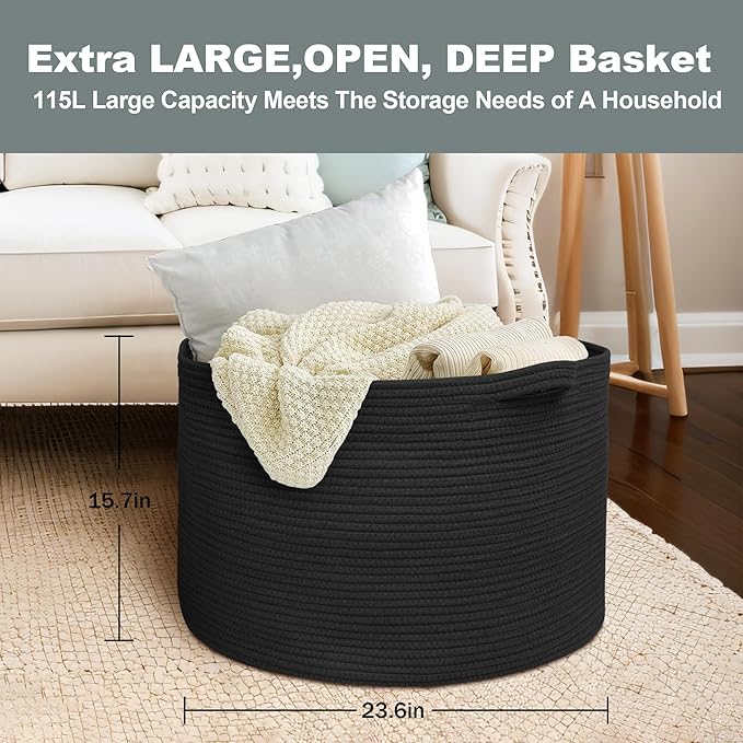 MEGASKET 115L Super Large Black Blanket Basket, 23.6"x15.7" Woven Rope Bin for Storage, Oversized Kids Dog Toy Storage Box Bi