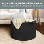MEGASKET 115L Super Large Black Blanket Basket, 23.6"x15.7" Woven Rope Bin for Storage, Oversized Kids Dog Toy Storage Box Bi
