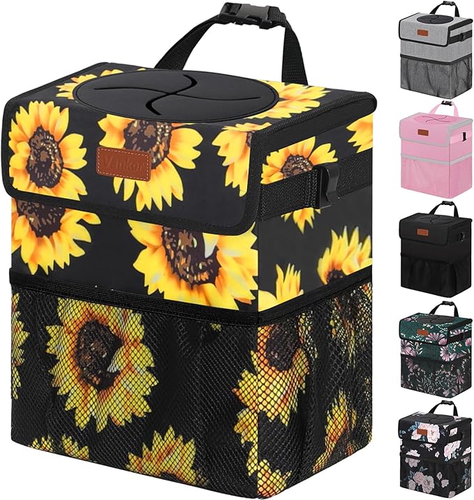3 Gallons Car Trash Can with Lid, Car Bag Bin Hanging Waterproof Automotive Garbage Cans Leak Proof Vehicle Trash Can Sunflower