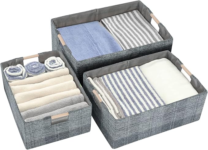 Fabric Storage Bin Box Collapsible Cotton Linen Storage Cube with Wooden Handles Rectangular Decorative Home Organizer Clothe