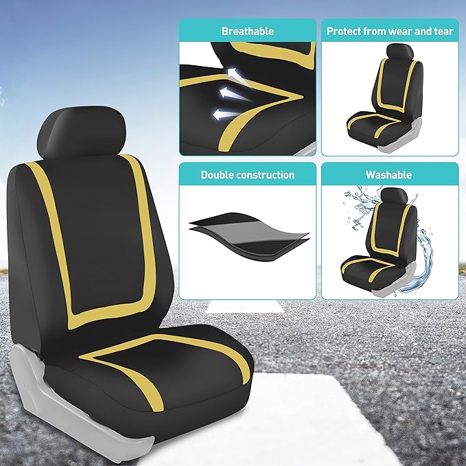 FH Group Unique Flat Cloth Full Set Car Seat Covers w. Silicone Steering Wheel Cover- Universal Fit for Most Cars, Trucks, SUVs or Vans (Yellow/Black)