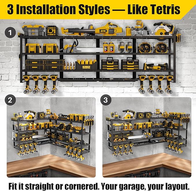 XLarge 64''W Power Tool Organizer Wall Mount | Modular&Corner-Fit 820lbs Garage Storage Rack with 8 Cordless Drill Holder | 4