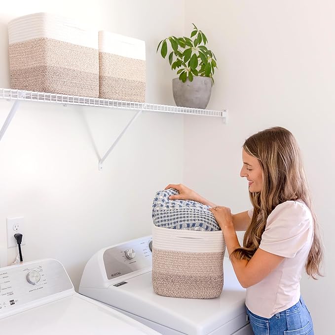 NaturalCozy Storage Cubes 11 Inch Cotton Rope Woven Baskets for Organizing, 3-Pack | Cube Storage Bin | Square Storage Basket