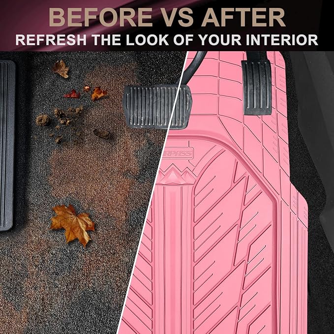 CAR PASS Heavy Rubber Car Floor Mats, Deep Waterproof Car Mats All Weather, Universal Trim-to Fit Automotive Floor Mats for Car SUV Truck Van, Durable Cute Floor Liners for Women Girly (All Pink)