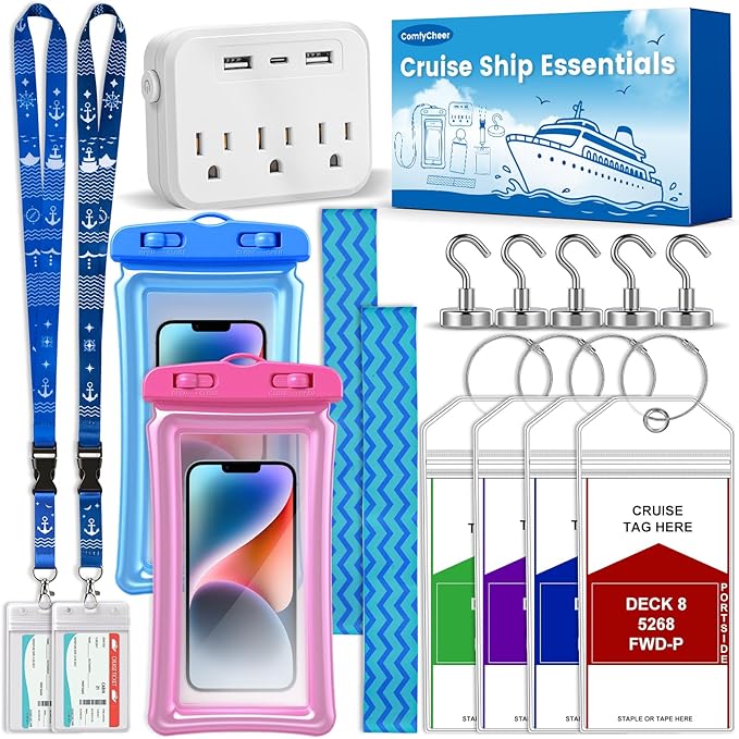 Cruise Essentials 2026,Cruise Must Haves Kit,Non-Surge Protector Power Strip,Magnetic Hooks,Lanyards,Luggage Tags,Towel Bands