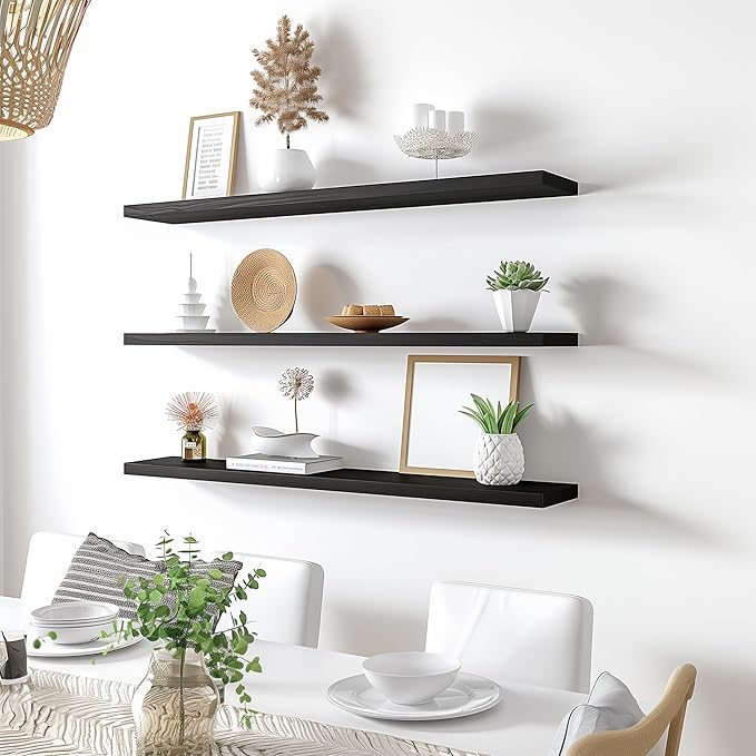 PHPH 48 Inch Wood Floating Shelves for Wall, Wooden Wall Shelves for Bedroom, Set of 4 Black