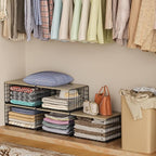 Extra-Long, Low-Profile Closet Organizers and Storage with Wood Top, 3 Pack Stackable Closet Shelf Organizer, Space-Saving Cl
