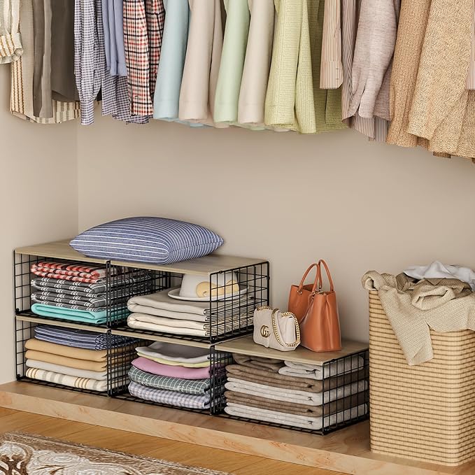Extra-Long, Low-Profile Closet Organizers and Storage with Wood Top, 3 Pack Stackable Closet Shelf Organizer, Space-Saving Cl