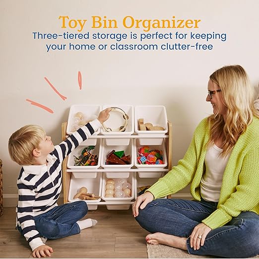 ECR4Kids 3-Tier Organizer with 9 Removable Plastic Bins, 3x3, Toy Storage, Dark Natural/White