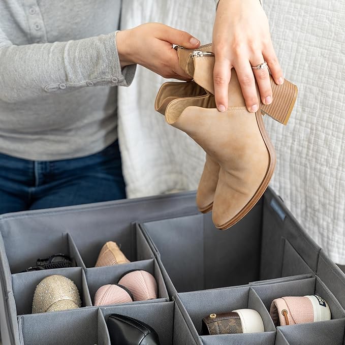 OrganiHaus Large Shoe Storage Bin for Closet, Shoe Organizer Box Fits up to 16 Pairs, Collapsible Fabric Shoe Basket w/Clear 