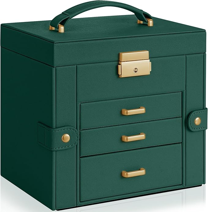 AKOZLIN 4-Tier Jewelry Box Leather Jewelry Storage Organizer with 3 Drawers Lockable for Women Girls Ring Necklace Earring Br