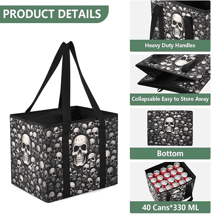 Skull Black Reusable Grocery Bags Large Shopping Tote Bag with Reinforced Bottom Board, Water Resistant Foldable Storage Bags