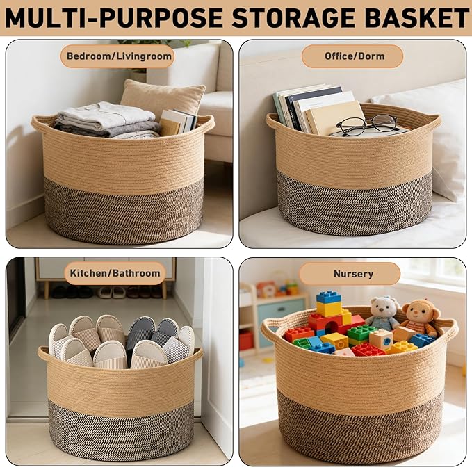 115L Large Blanket Basket,23.6" L x 23.6" W x 15.7" H Rope Woven Baskets with Handles, Toys Storage Bins,Laundry Basket Perfe