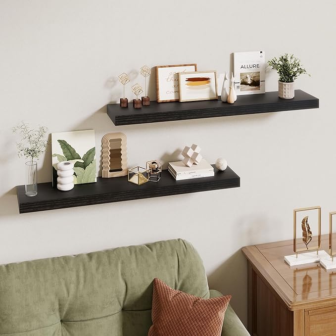 36 Inch Floating Shelves | 6.5 Inch Deep Black Floating Shelves Set of 2 | 36" W x 6.5" D Rustic Black Wood Wall Shelves with