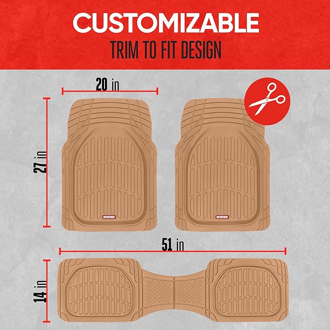 Motor Trend FlexTough Floor Mats for Cars, Beige Deep Dish All-Weather Mats, Waterproof Trim-To Fit Automotive Floor Mats for Cars Trucks SUV, Universal Floor Liner Car Accessories