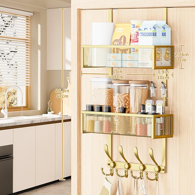 Kaiferty Over The Door Hooks Organizer,Coat Rack with 12 Hooks and 2 Mesh Baskets,Back of Door Storage Organizer for Bathroom