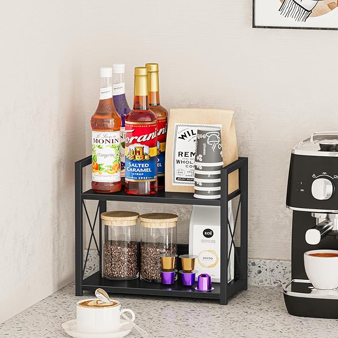 Giikin Kitchen Counter Shelf, 2 Tier Kitchen Spice Rack Organizer for Countertop, Wood Coffee Bar Organizer for Home (Black, 