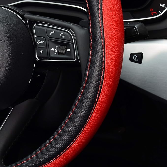 LABBYWAY Microfiber Leather Auto Car Steering Wheel Cover, Universal 15 Inch Anti-Slip Wheel Protector, Red