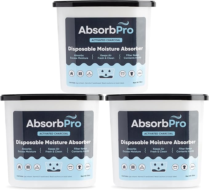 Moisture Absorber Tub with Activated Charcoal - 3-Pack - 18 oz Disposable Odor Eliminator Box & Dehumidifier for Garage,