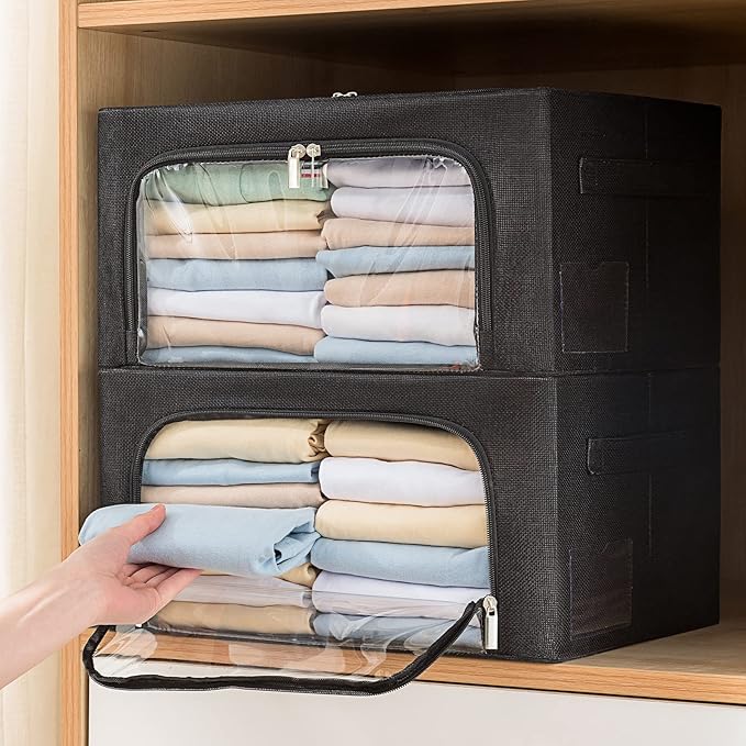 CYhom Clothes Storage Bins Box - Linen Fabric Foldable Stackable Container Organizer Set with Clear Window & Carry Handles & 
