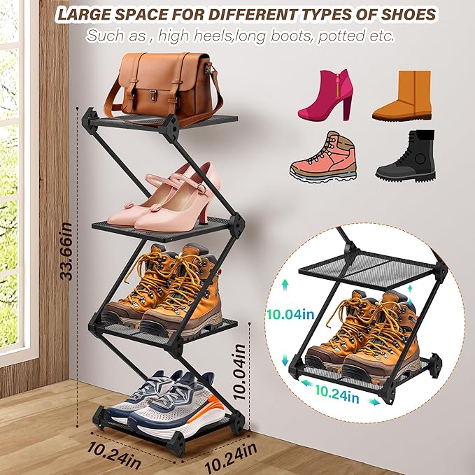 Vertical Shoe Rack 4 Tier Small Shoe Rack Shelf for Entryway Tall Narrow Shoe Organizer Metal Shoe Storage for Closet,Front D