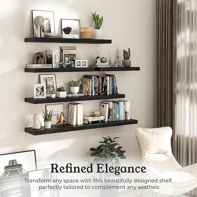 Floating Shelves for Wall, 9.3" Deep Wall Mounted Wood Shelves for Bathroom, Bedroom (Black, 48)