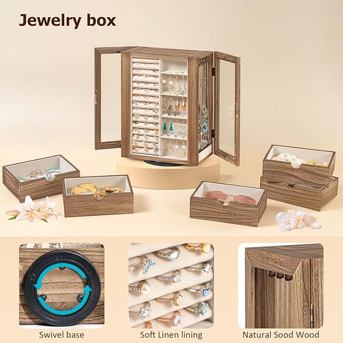 Emfogo 360° Rotating Jewelry Box for Women, Rustic Wooden Jewelry Organizer Box with 5 Drawers, Glass Doors, Vertical Open De