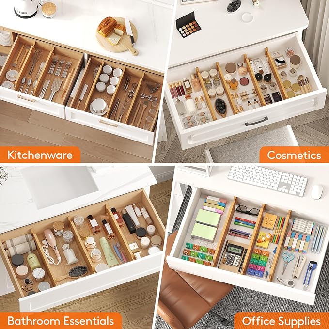 Lifewit 4" High 8 Pack Bamboo Drawer Dividers 43-54cm/17-21.5" Adjustable Wooden Drawer Organizer for Clothes/Utensils, Expan