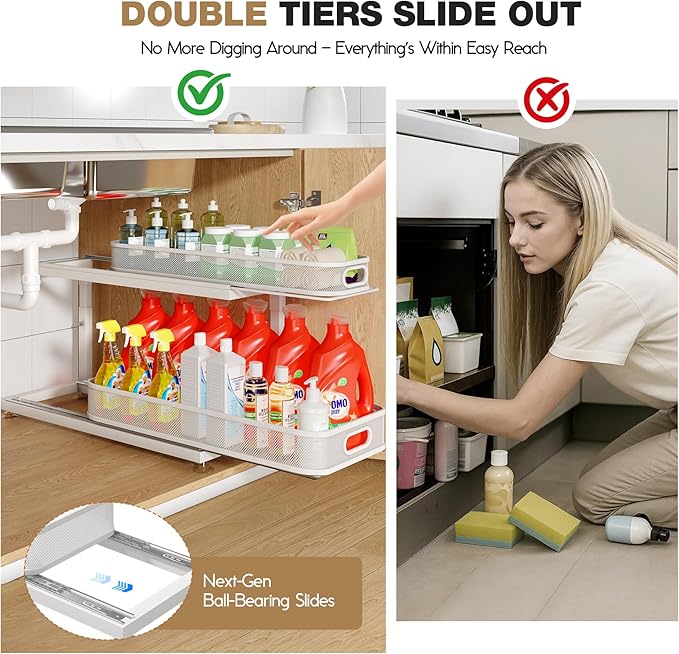 2-Pack 21.3 IN Depth Under Sink Organizer With Next-Gen Ball-Bearing Slides,Sophisticated Mesh 2-Tier Pull Out Shelf for Kitc