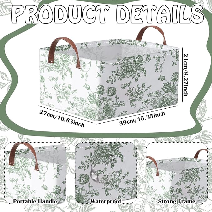 Boao 3 Pcs Sage Green Floral Storage Bin Collapsible Large Storage Baskets for Gifts Canvas Laundry Basket Foldable Box with 