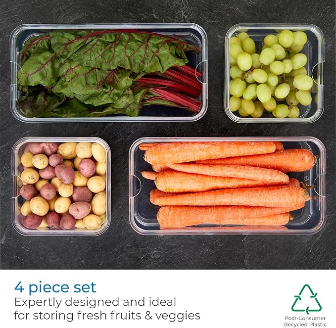 iDesign Crisp 4-Piece Recycled Plastic Refrigerator Organizer Bin Set with Lids, Clear/White