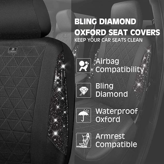 CAR PASS Oxford Bling Diamond Car Seat Covers Full Set Interior Sets, Waterproof Shining Glitter Sparkly Crystal Universal Ar