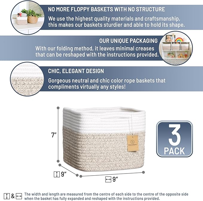 NaturalCozy Storage Cubes 9”x9”x7”Cotton Rope Woven Baskets for Organizing 3-Pack | 9 Inch Cube Storage Bin | Small Basket fo