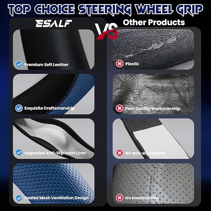 Soft Leather Steering Wheel Cover with Breathable Design and Anti-Slip Grip, Fully Compatible with Tesla, Toyota, Honda, Niss
