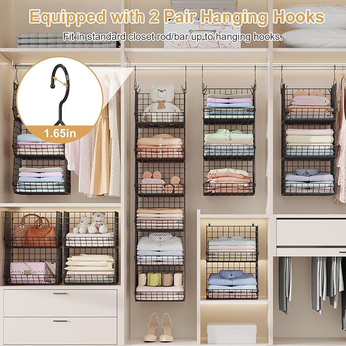 6 Tier Closet Hanging Organizer, Clothes Hanging Shelves with 4 Hanging Hooks 5 S Hooks, Wire Storage Basket Bins, for Clothi