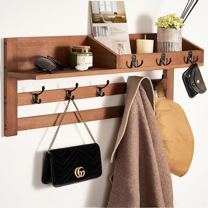 Coat Rack Wall Mount with Shelf - Wooden Entryway Organizer for Hanging Coats, Keys, Hangers - Space Saving Durable Wood Hold