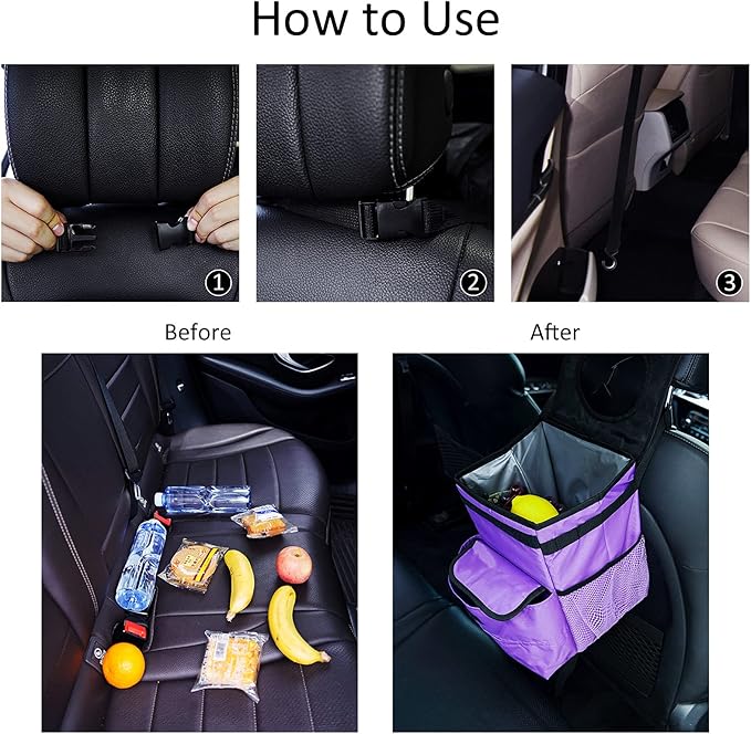 Car Trash Can Foldable Garbage Bin Leakproof 2.3 Gallons Purple