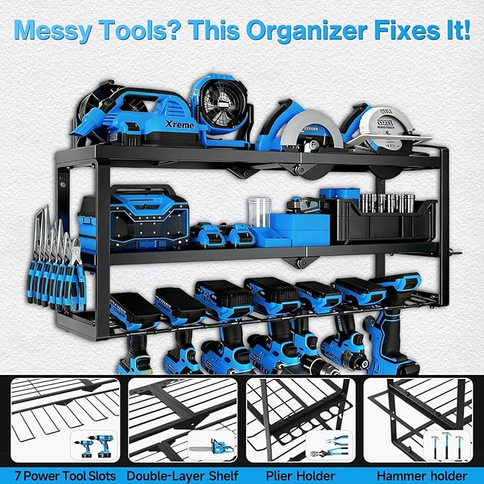 Heavy Duty Power Tool Organizer Wall Mount - 3 Tier Metal Tool Rack with 7 Drill Holders, 300LB Capacity for Garage, Workshop