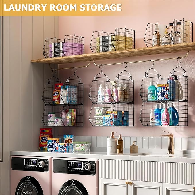 X-cosrack 7 Tier Foldable Hanging Closet Organizer and Storage,Wire Closet Shelving with 4 Large Hooks+ 5 S Hooks,Hanging Bas