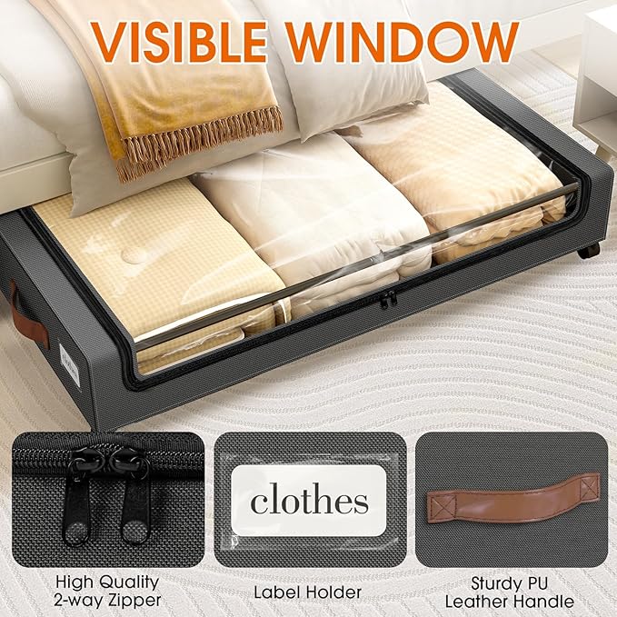 Under Bed Storage with Wheels 2Pack Storage Containers with Clear Window&Label Under Bed Drawers Rolling Under Bed Storage fo