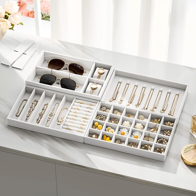 Velvet Jewelry Drawer Organizer Trays – Large White Stackable Jewelry Storage Inserts Set, 4-Layer Jewelry Tray Set for Earri