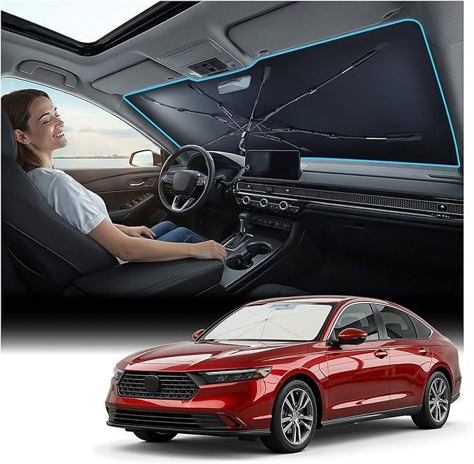 Windshield Sun Shade Umbrella for Honda Accord - [Vinyl Coating Heat Shield] Protect Car from Sun Rays & Heat Damage Keep Cool and Protect Interior, Spring Structure Edge