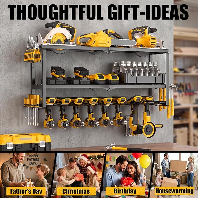 MOOMSINE Power Tool Organizer Wall Mount, Heavy Duty Metal Tool Storage Rack Loads 320lbs, 8 Cordless Drill Holder 3 Layer fo